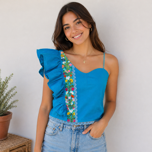 One Shoulder Embroidered Ruffle Top