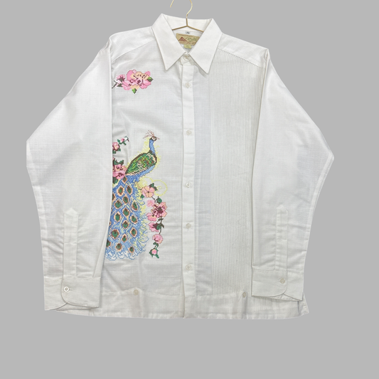 Embroidered Peacock Guayabera – Artisan Elegance