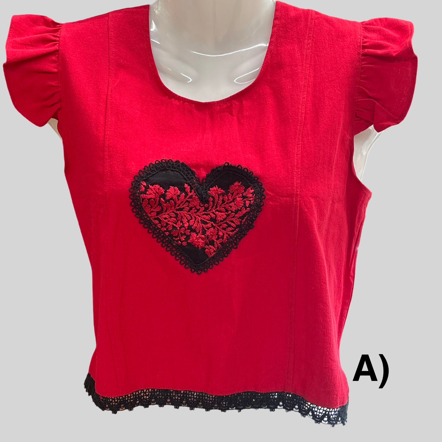 Red Artisan Blouse with Embroidered Heart