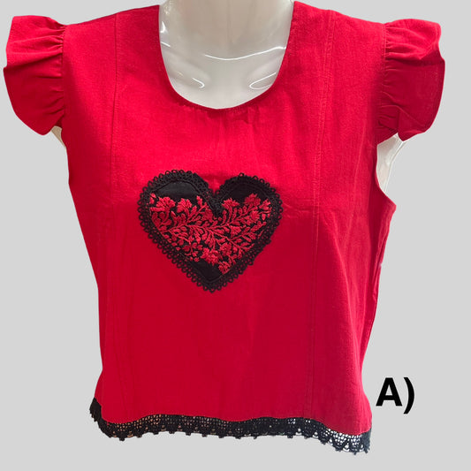 Red Artisan Blouse with Embroidered Heart