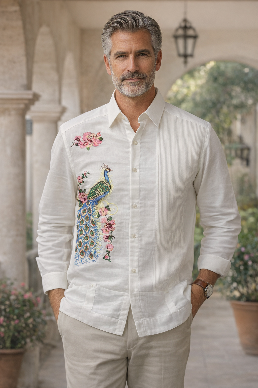 Embroidered Peacock Guayabera – Artisan Elegance