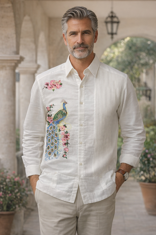 Embroidered Peacock Guayabera – Artisan Elegance