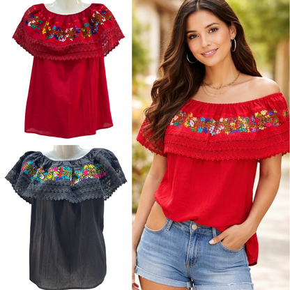 🌸 Embroidered Mexican Blouse – Off-Shoulder Elegant Style