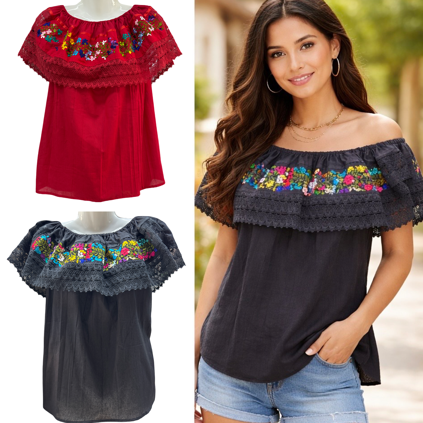 🌸 Embroidered Mexican Blouse – Off-Shoulder Elegant Style