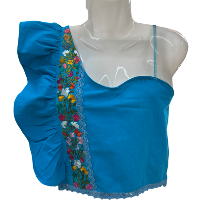 One Shoulder Embroidered Ruffle Top