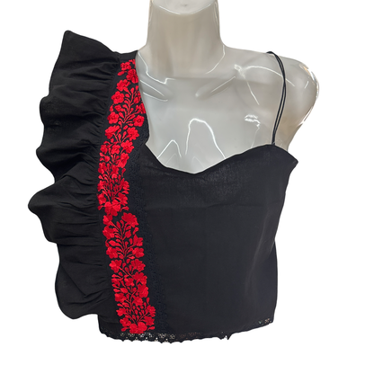 One Shoulder Embroidered Ruffle Top