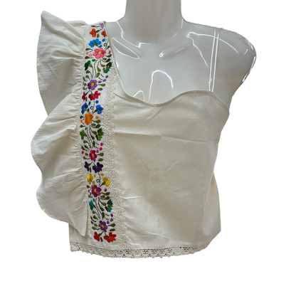 One Shoulder Embroidered Ruffle Top